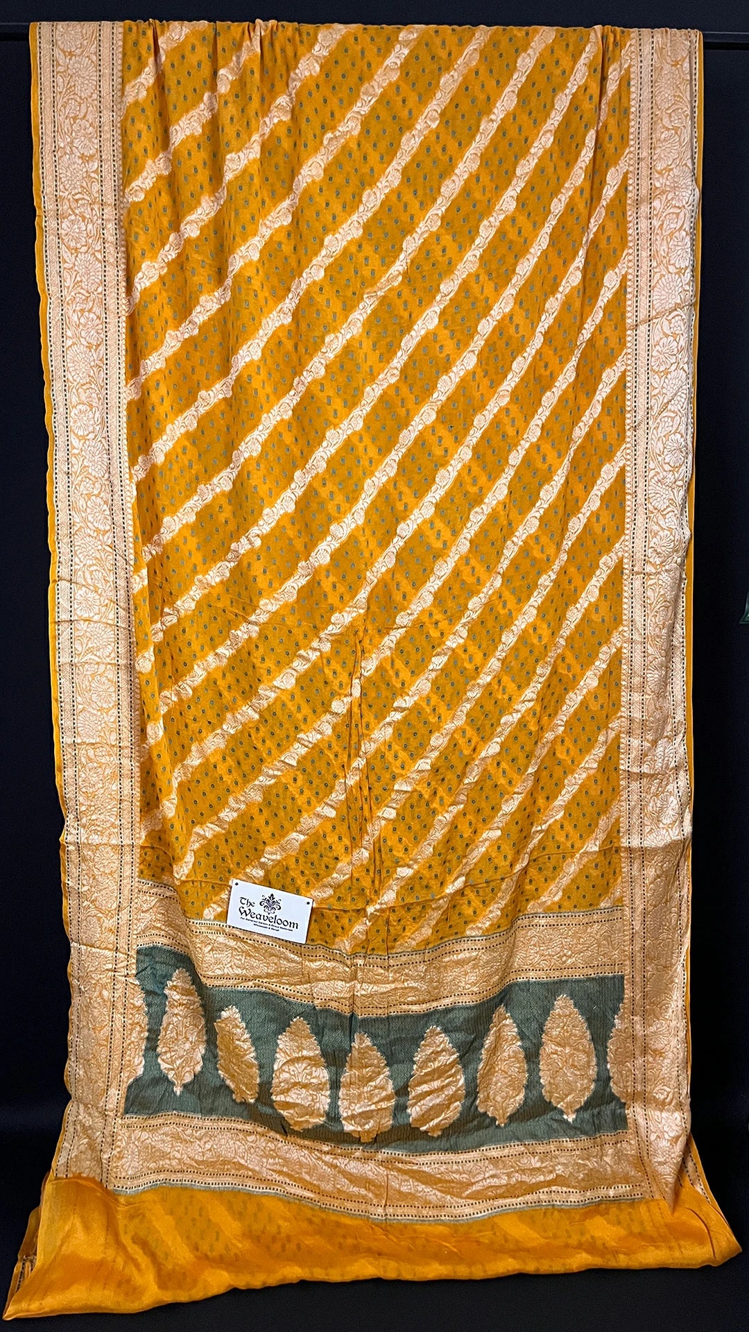 Yellow Crepe Georgette Pure Banarasi Saree Meenakari - The Weaveloom, meenakari blue dot motifs, gold zari border and green leaf pallu