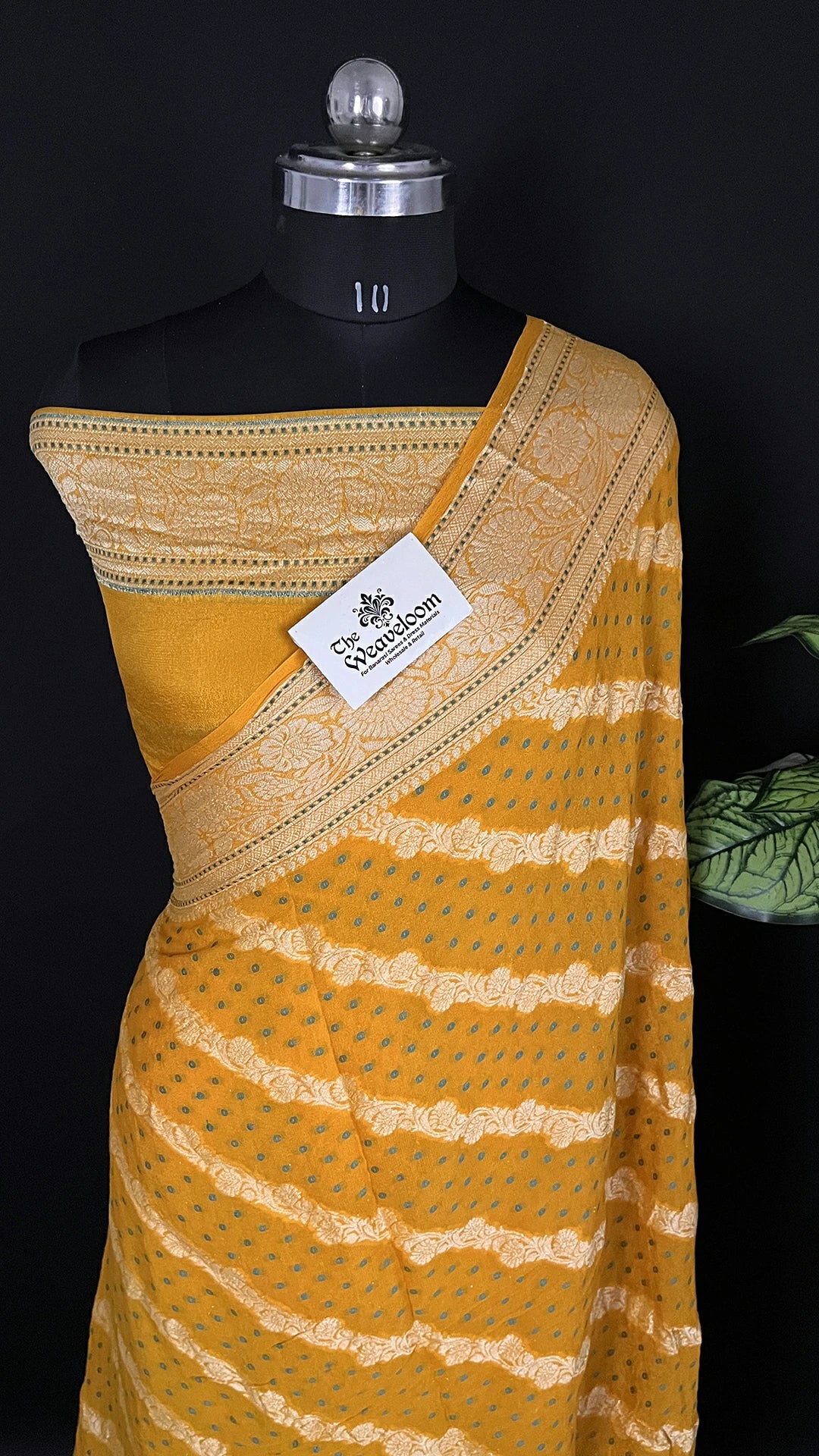 Yellow Crepe Georgette Pure Banarasi Saree Meenakari - The Weaveloom, meenakari blue dot motifs, gold zari border and green leaf pallu