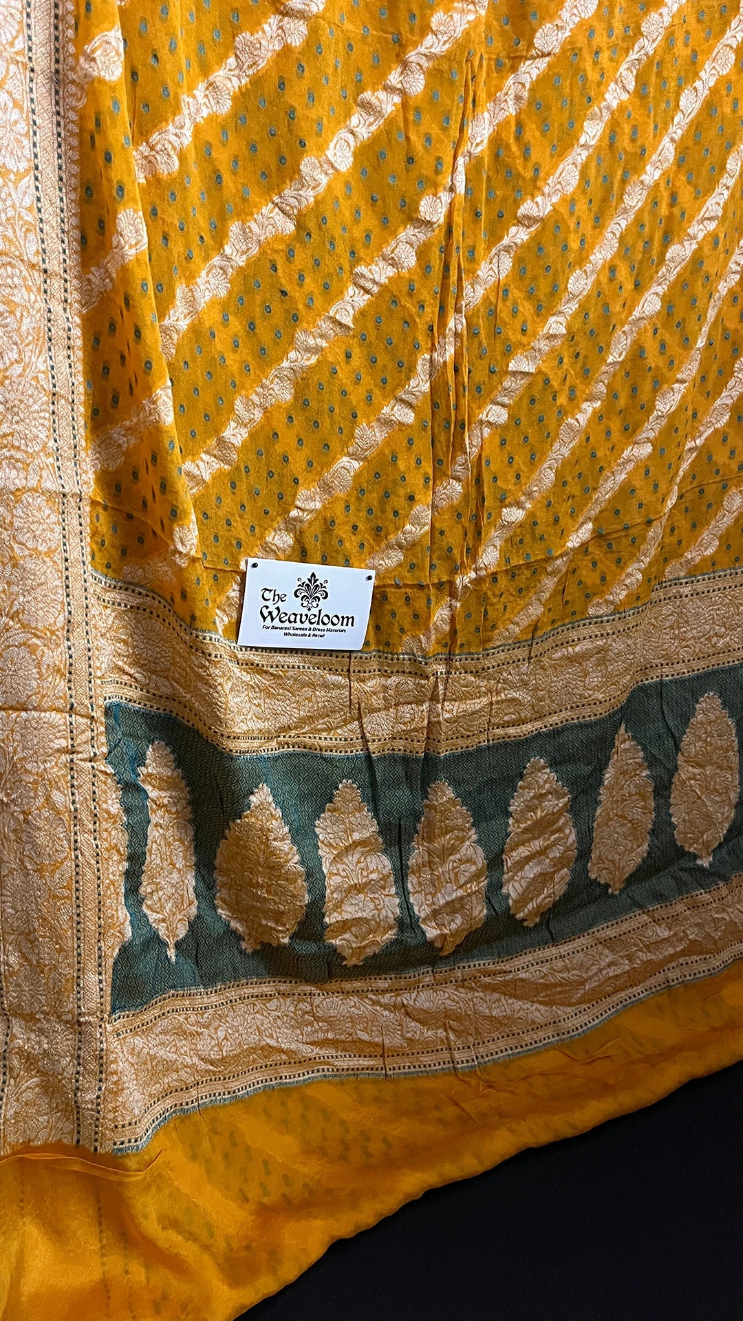 Yellow Crepe Georgette Pure Banarasi Saree Meenakari - The Weaveloom, meenakari blue dot motifs, gold zari border and green leaf pallu