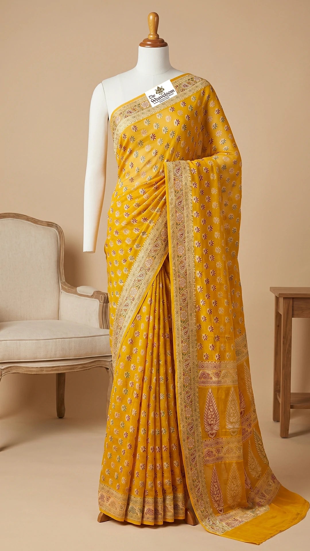 Yellow Khaddi Chiffon Pure Banarasi Saree with Meenakari Butti and Paan Pallu by The Weaveloom
