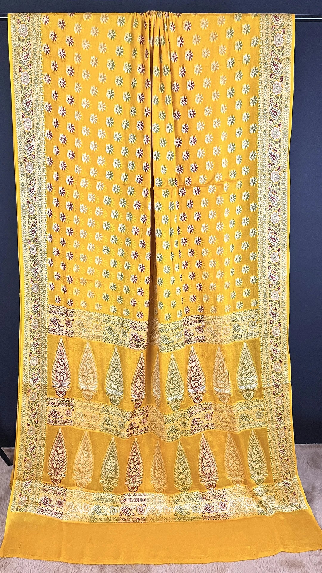 Yellow Khaddi Chiffon Pure Banarasi Saree with Meenakari Butti and Paan Pallu by The Weaveloom

