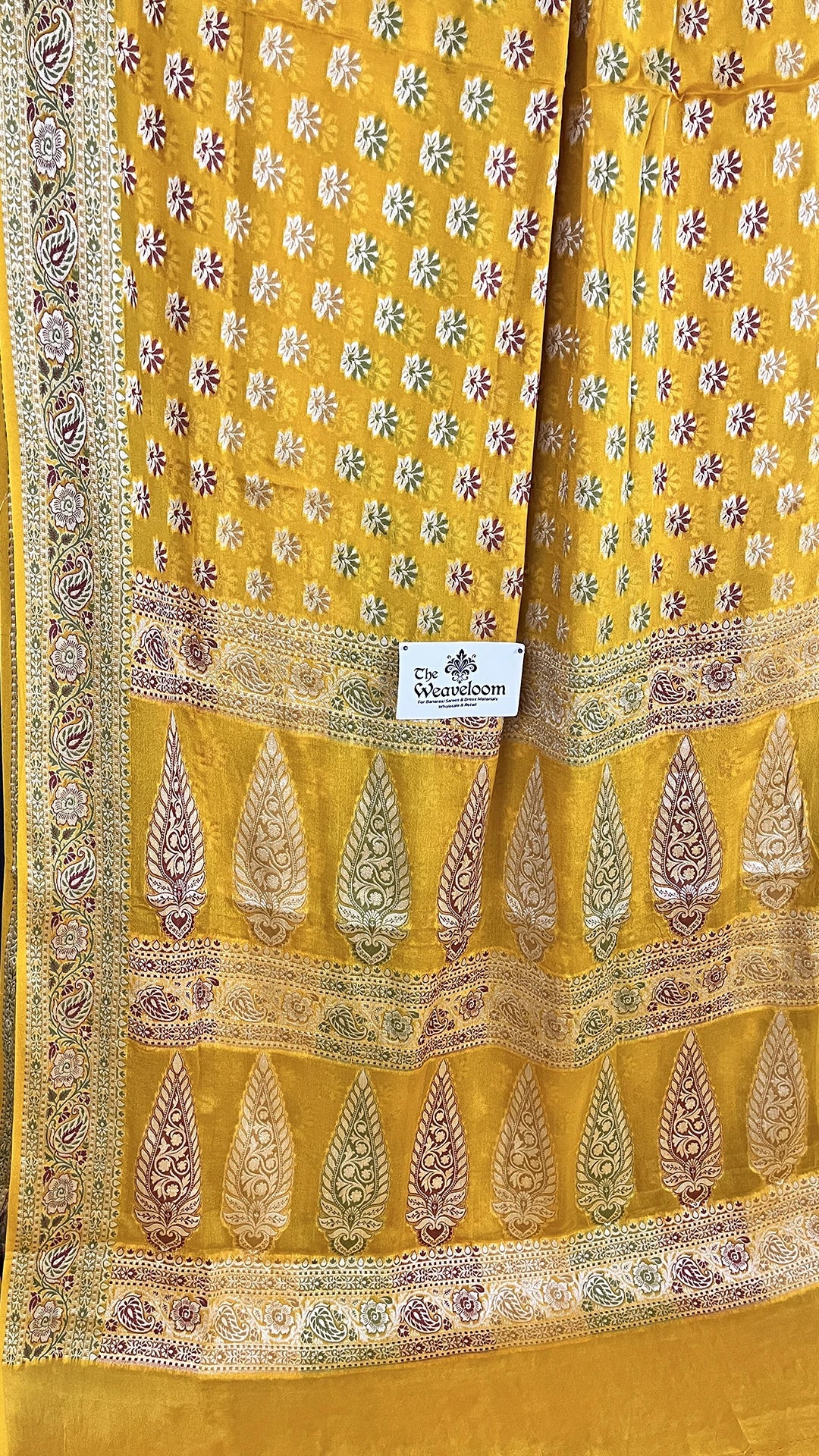 Yellow Khaddi Chiffon Pure Banarasi Saree with Meenakari Butti and Paan Pallu by The Weaveloom
