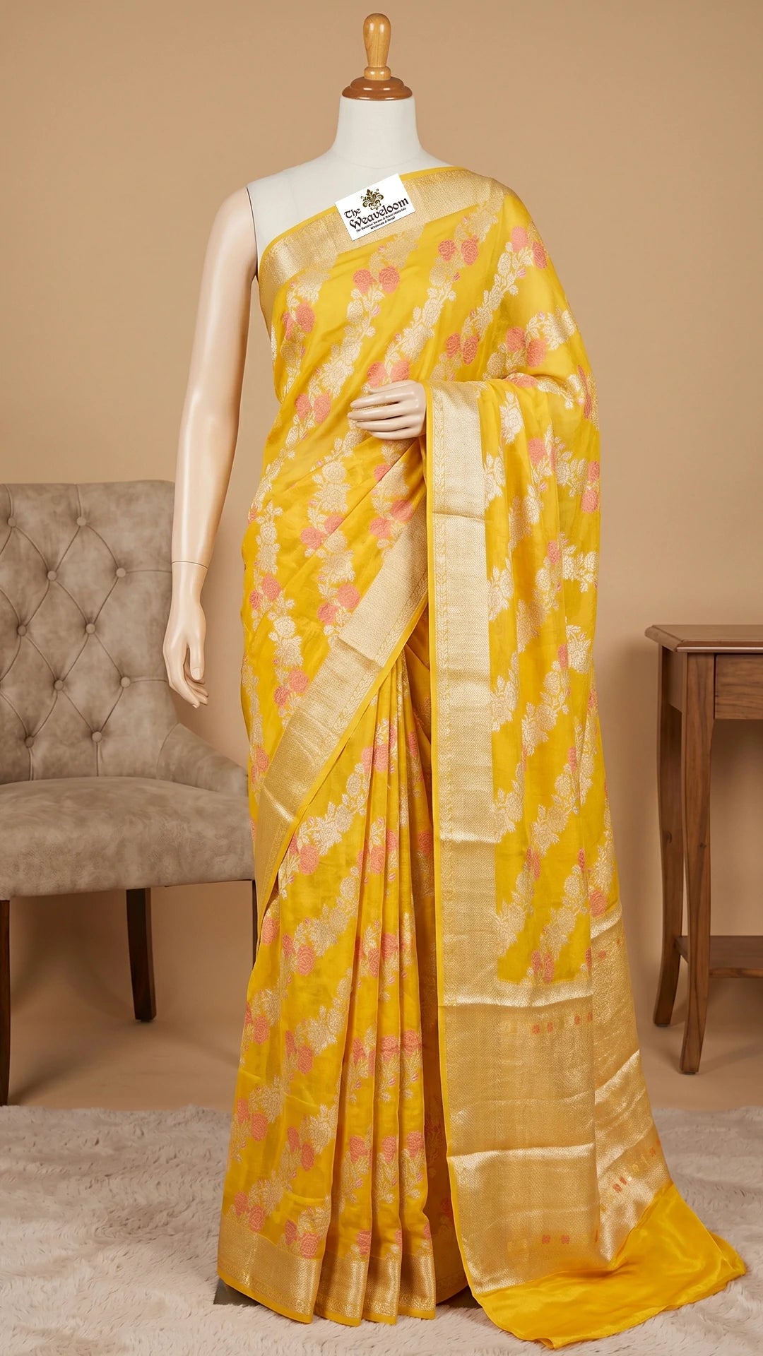Yellow Khaddi Chiffon Pure Banarasi Saree with Diagonal Floral Meenakari Jaal and Golden Tissue Border by The Weaveloom