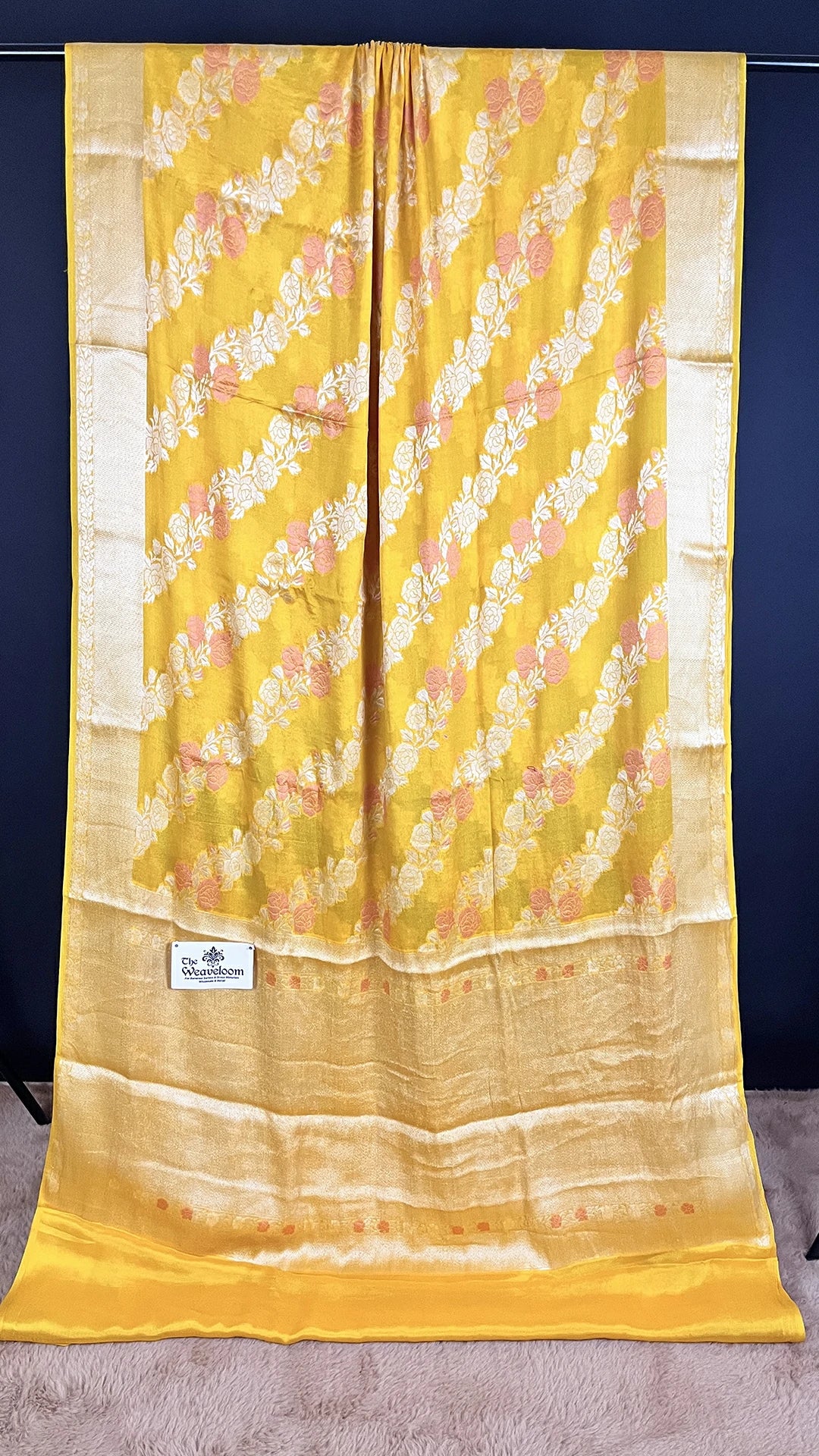 Yellow Khaddi Chiffon Pure Banarasi Saree with Diagonal Floral Meenakari Jaal and Golden Tissue Border by The Weaveloom