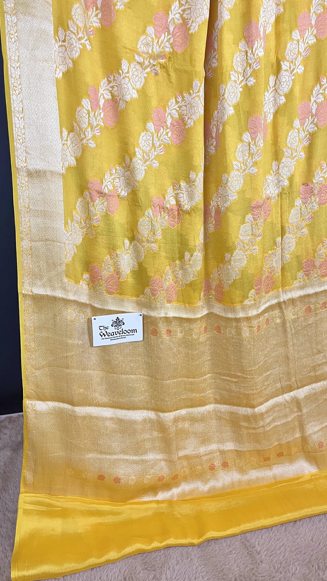 Yellow Khaddi Chiffon Pure Banarasi Saree with Diagonal Floral Meenakari Jaal and Golden Tissue Border by The Weaveloom