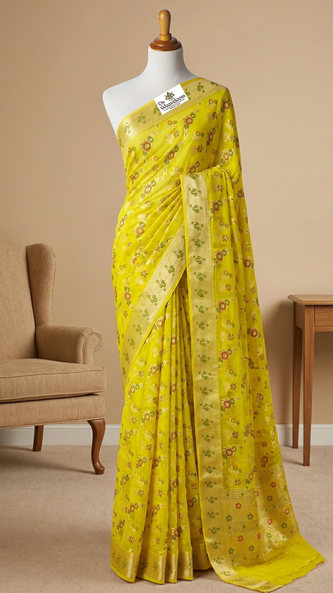 Yellow Khaddi Chiffon Pure Banarasi Saree with Meenakari Floral Jaal Work by The Weaveloom