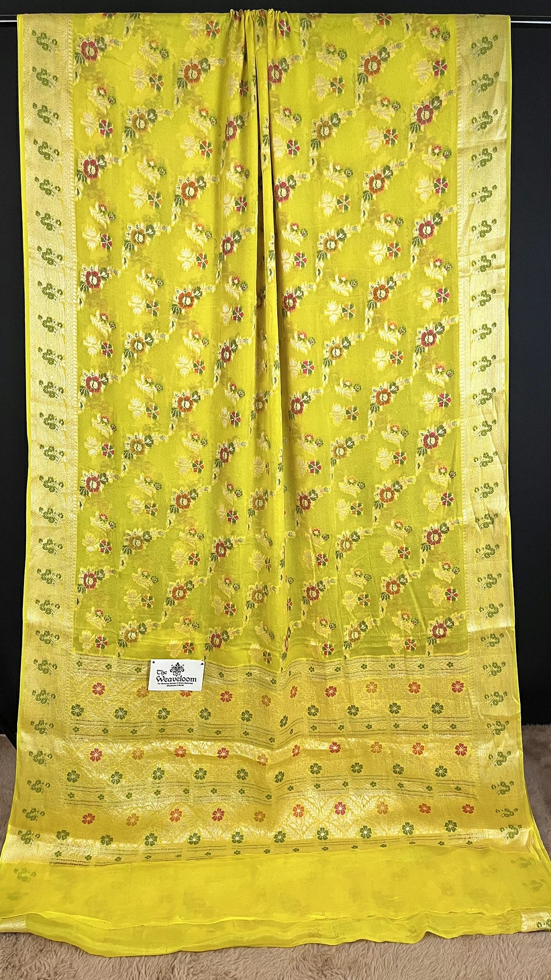 Yellow Khaddi Chiffon Pure Banarasi Saree with Meenakari Floral Jaal Work by The Weaveloom