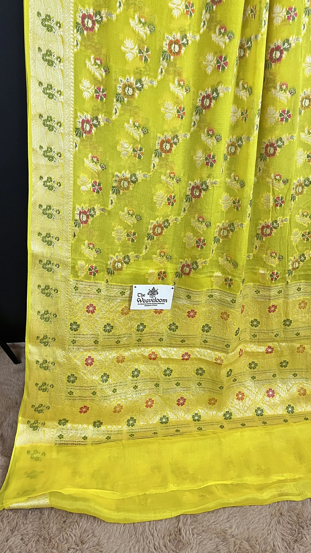 Yellow Khaddi Chiffon Pure Banarasi Saree with Meenakari Floral Jaal Work by The Weaveloom