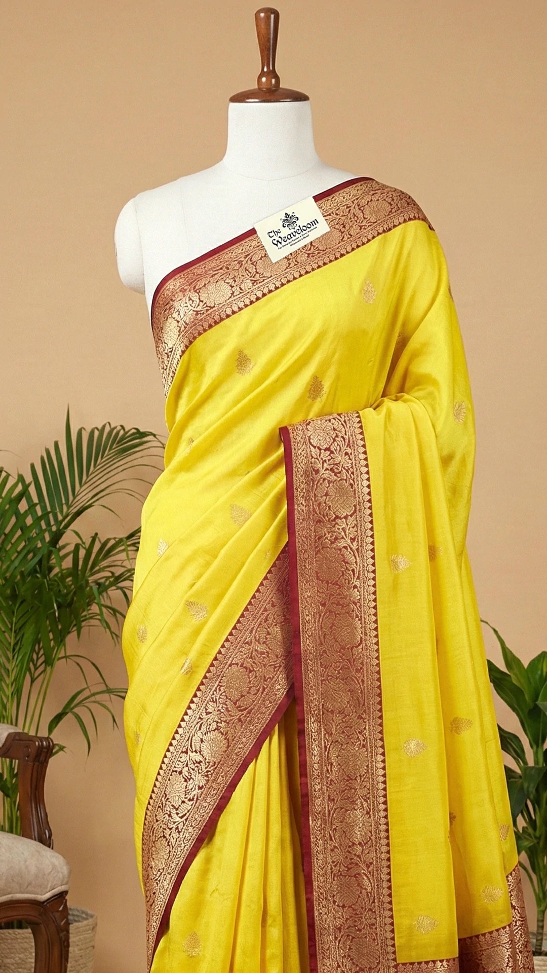 Yellow Khaddi Georgette Pure Banarasi Saree with Silver Zari and Red Floral Border by The Weaveloom