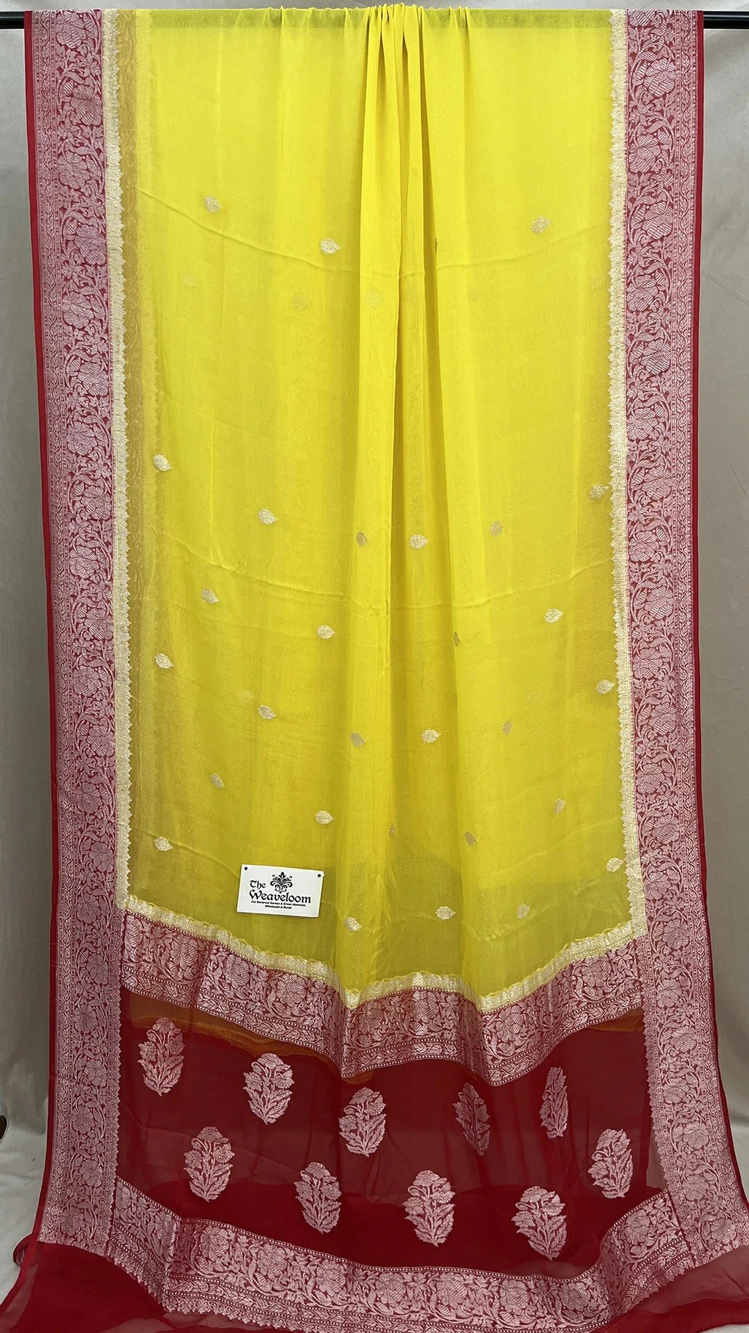 Yellow Khaddi Georgette Pure Banarasi Saree with Silver Zari and Red Floral Border by The Weaveloom
