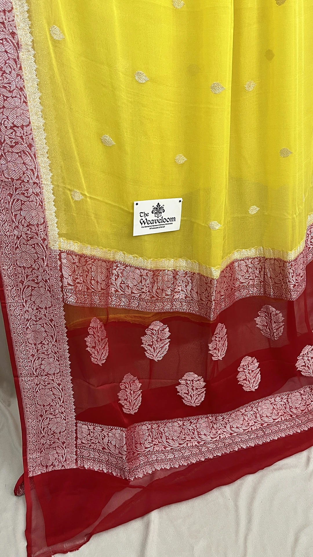 Yellow Khaddi Georgette Pure Banarasi Saree with Silver Zari and Red Floral Border by The Weaveloom