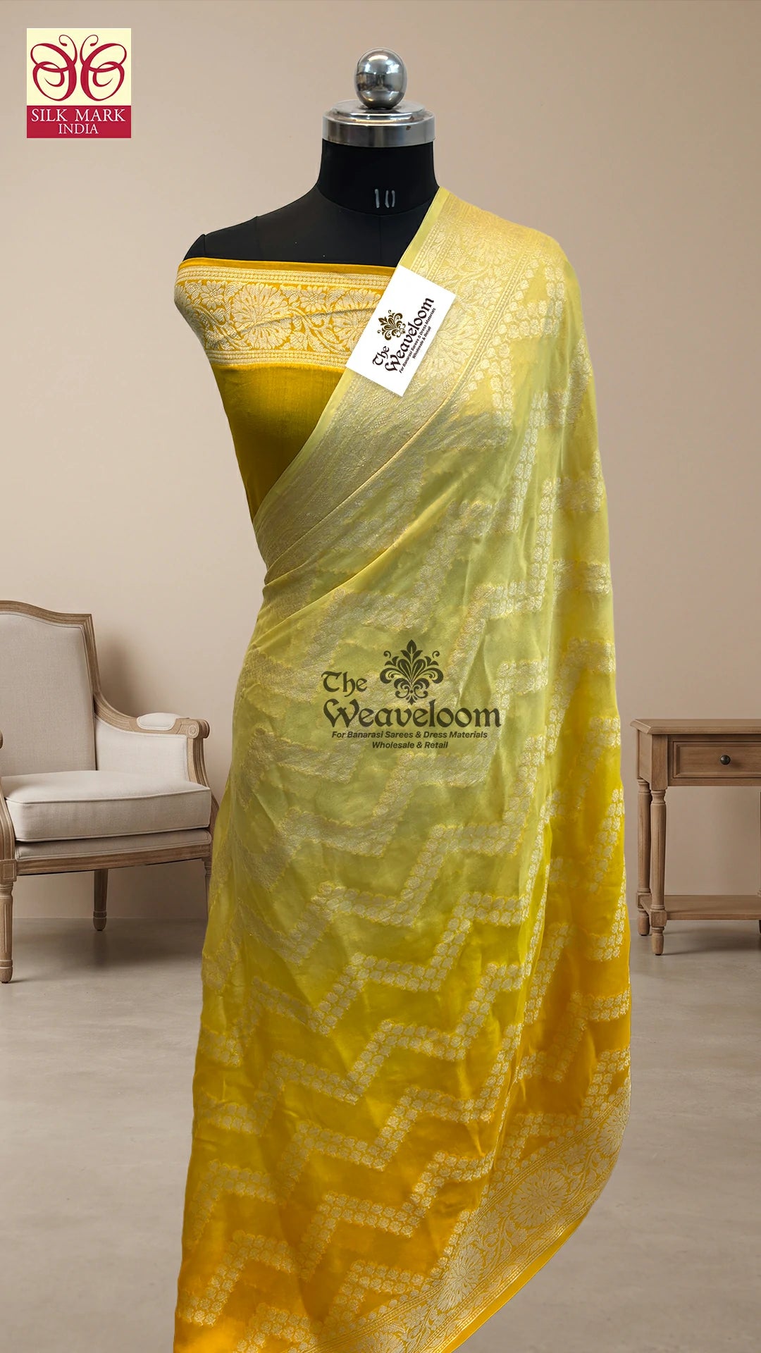 Yellow ombre zigzag jaal crepe georgette pure Banarasi saree by The Weaveloom