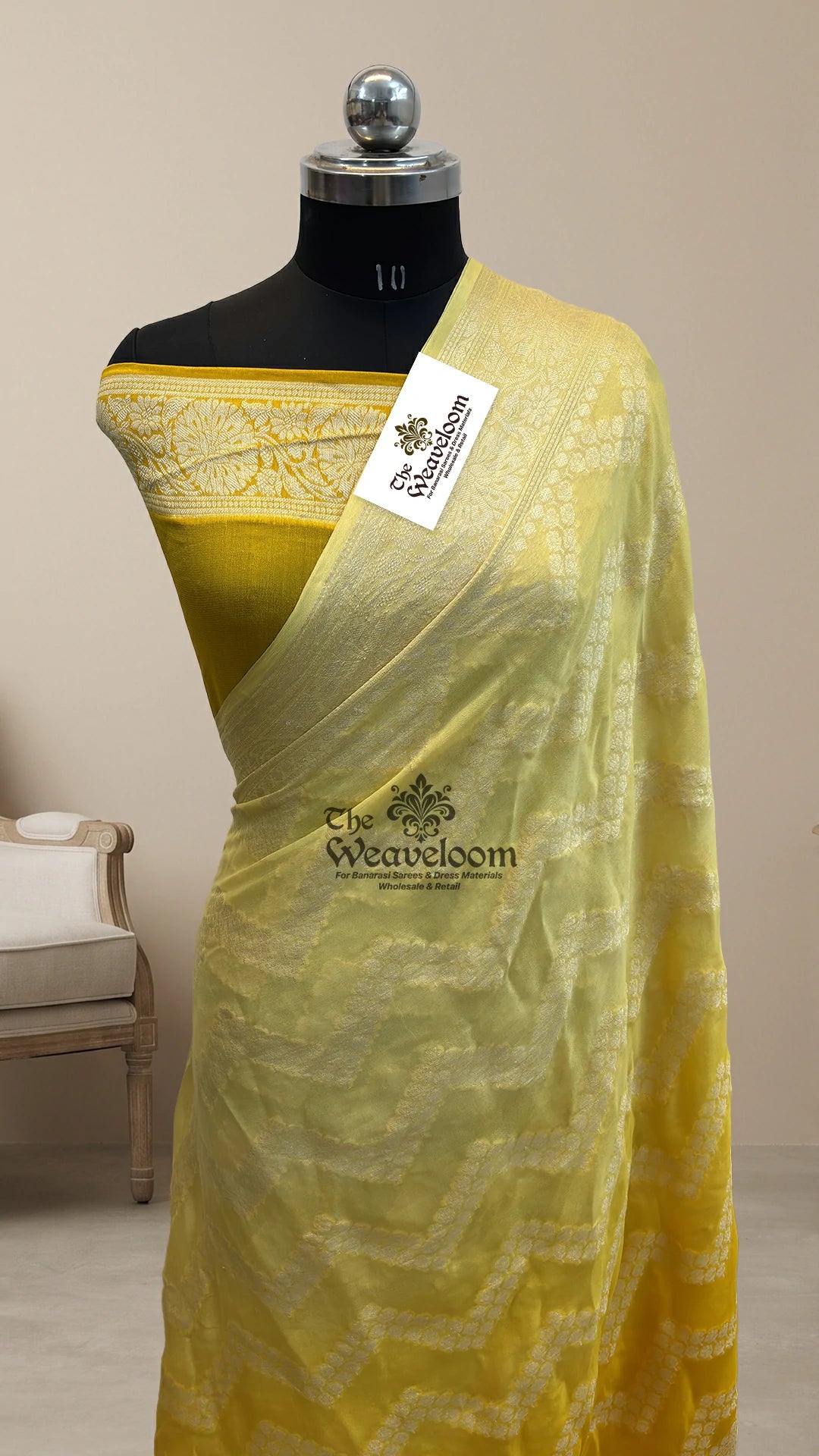 Yellow ombre zigzag jaal crepe georgette pure Banarasi saree by The Weaveloom