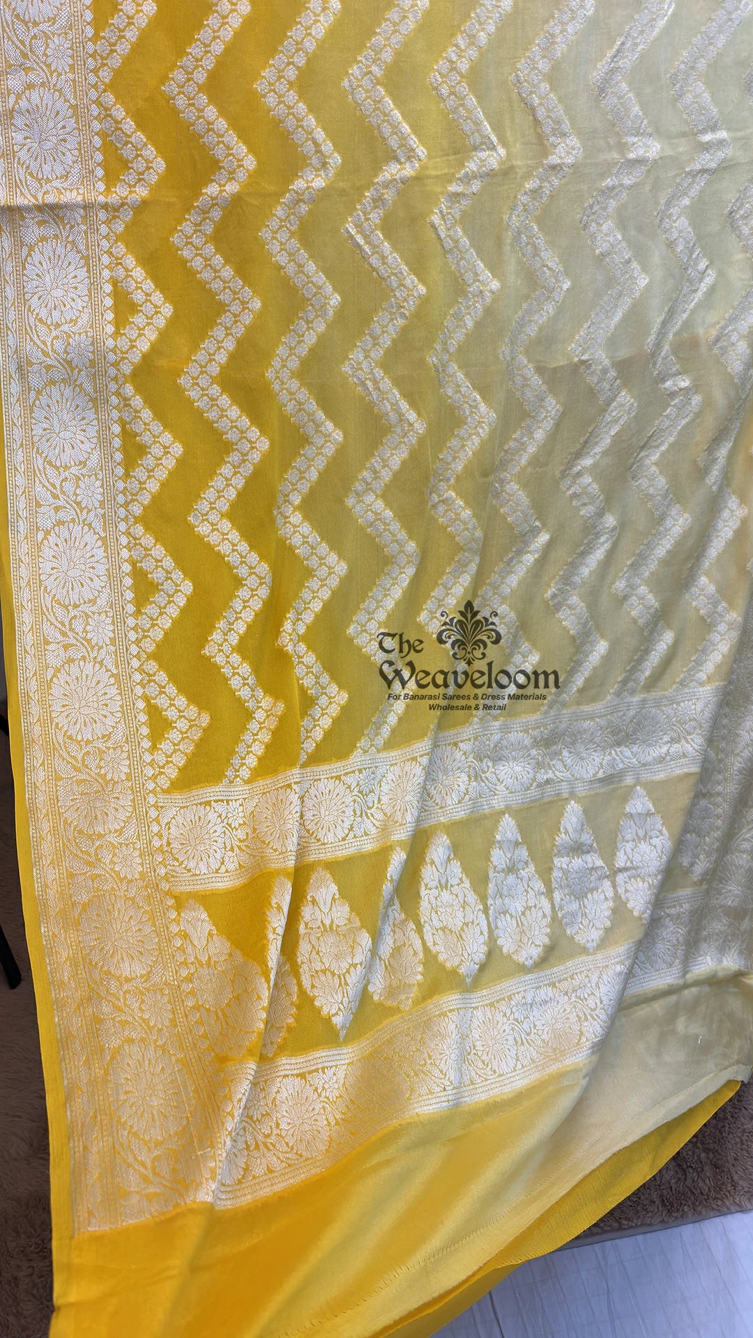 Yellow ombre zigzag jaal crepe georgette pure Banarasi saree by The Weaveloom