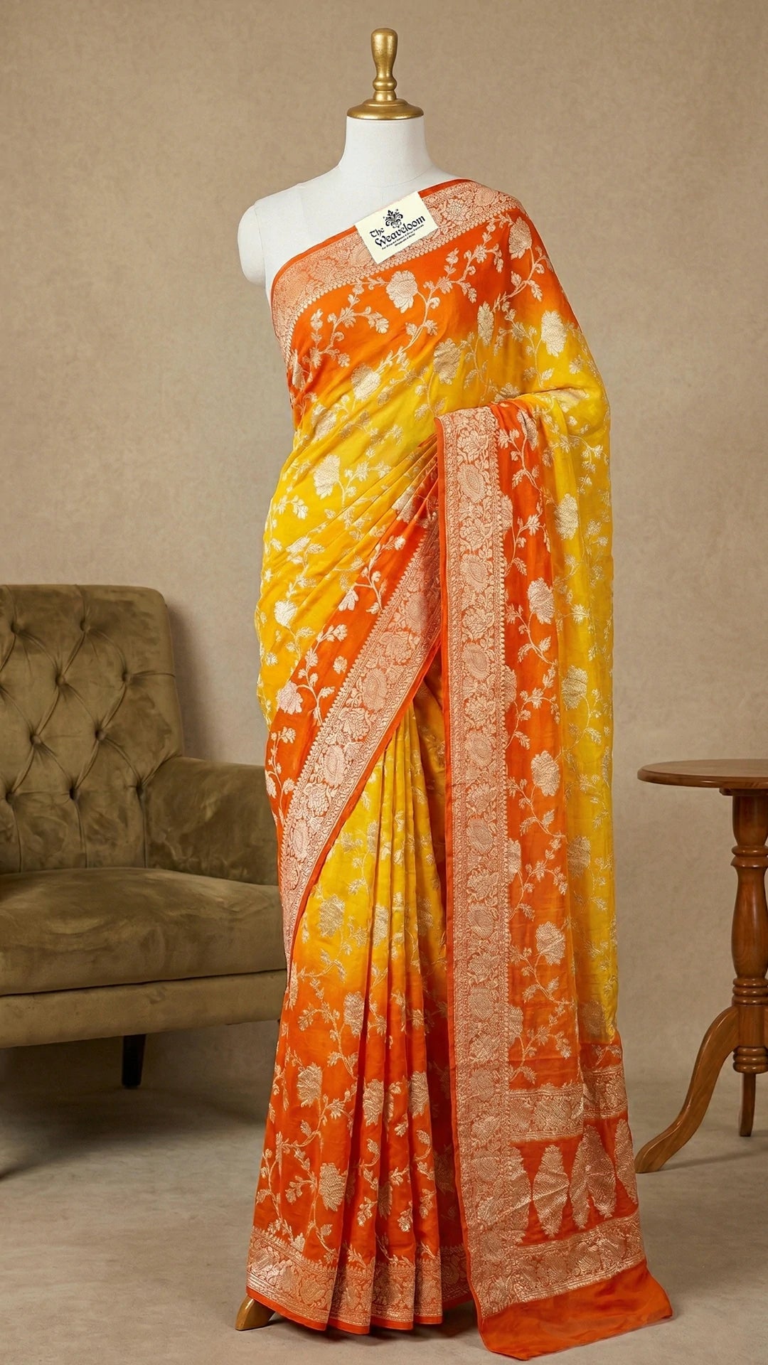 Yellow Orange Crepe Georgette Banarasi Saree with Golden Zari Floral Jaal Work The Weaveloom