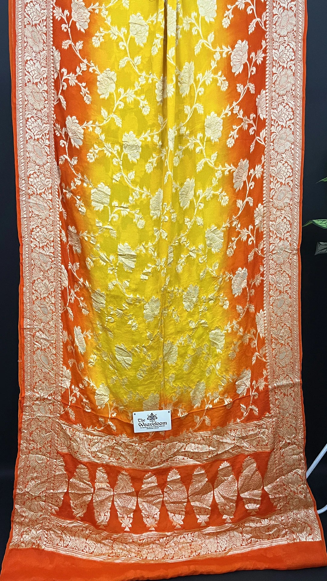 Yellow Orange Crepe Georgette Banarasi Saree with Golden Zari Floral Jaal Work The Weaveloom