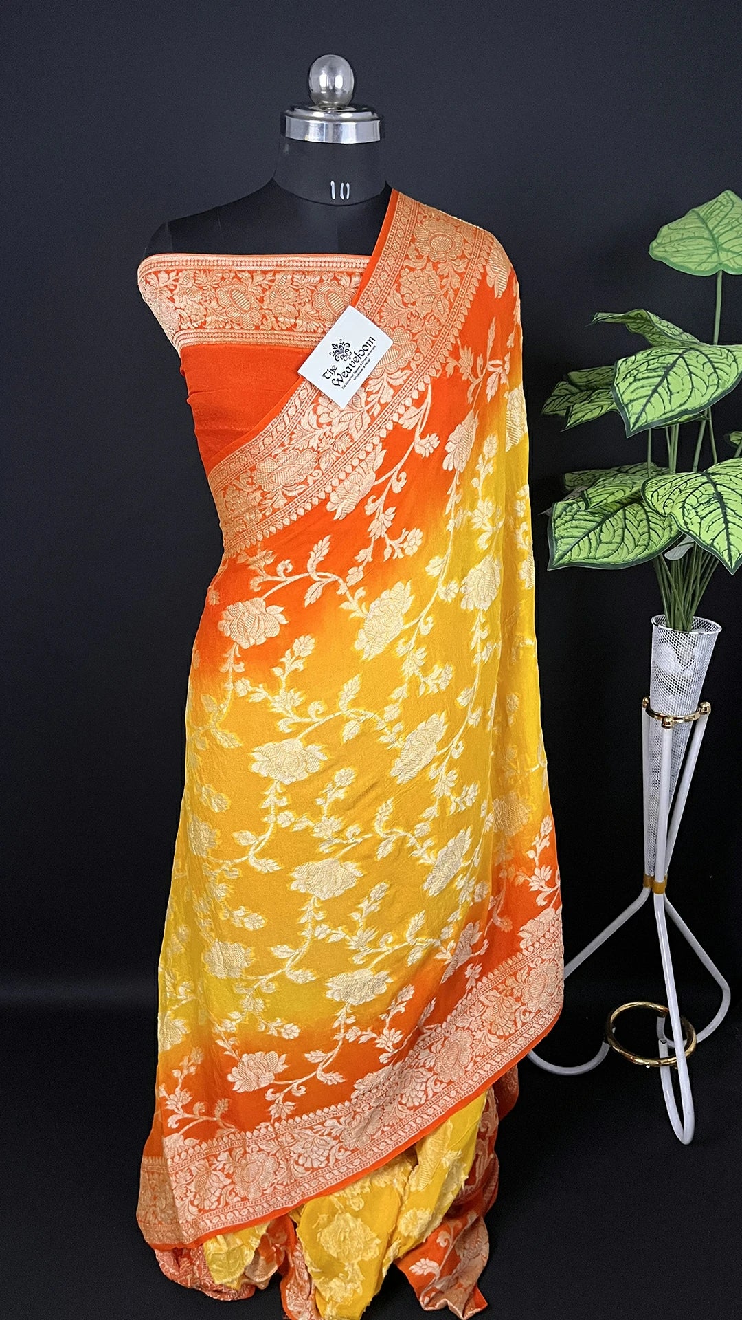 Yellow Orange Crepe Georgette Banarasi Saree with Golden Zari Floral Jaal Work The Weaveloom