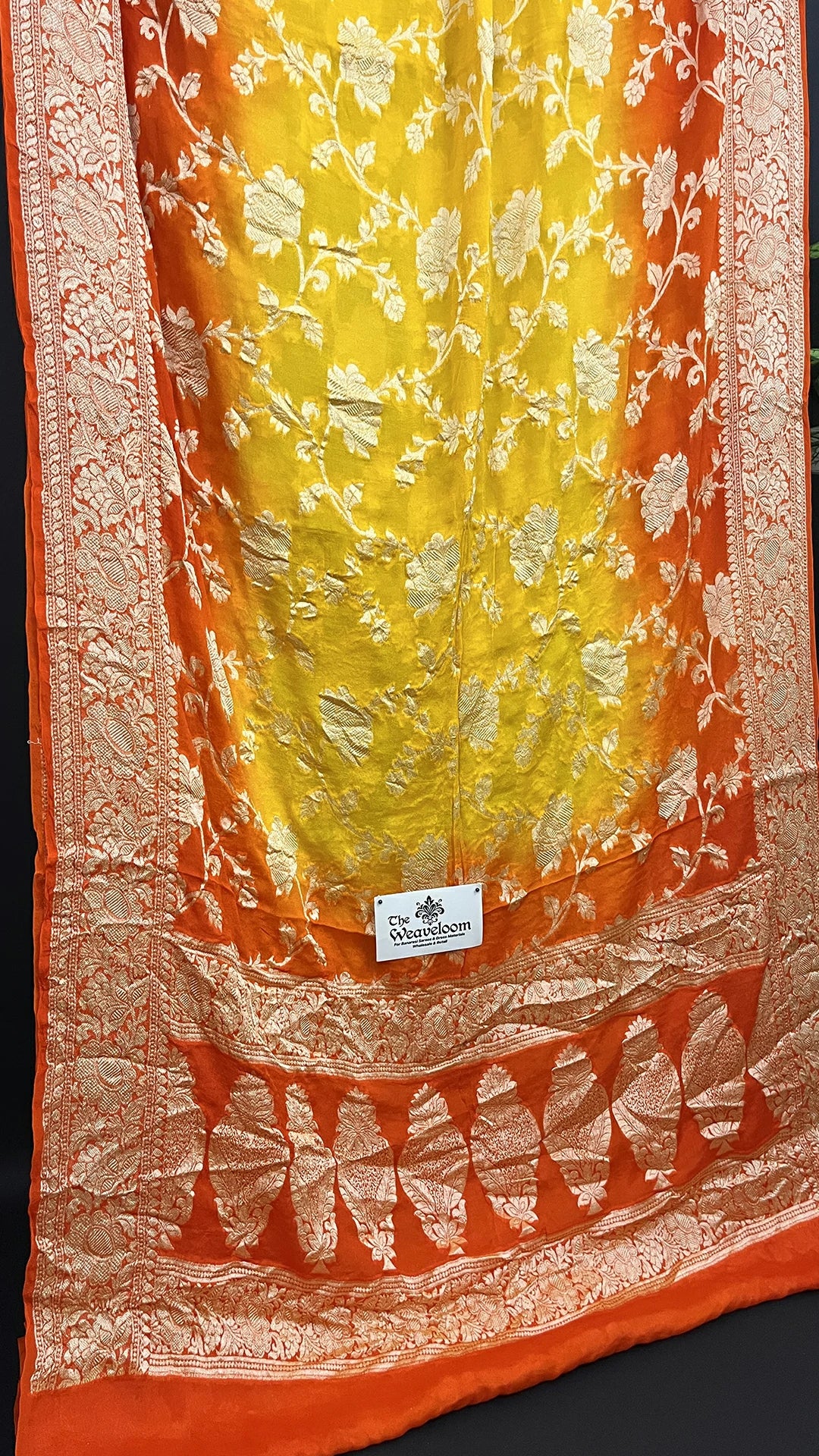Yellow Orange Crepe Georgette Banarasi Saree with Golden Zari Floral Jaal Work The Weaveloom