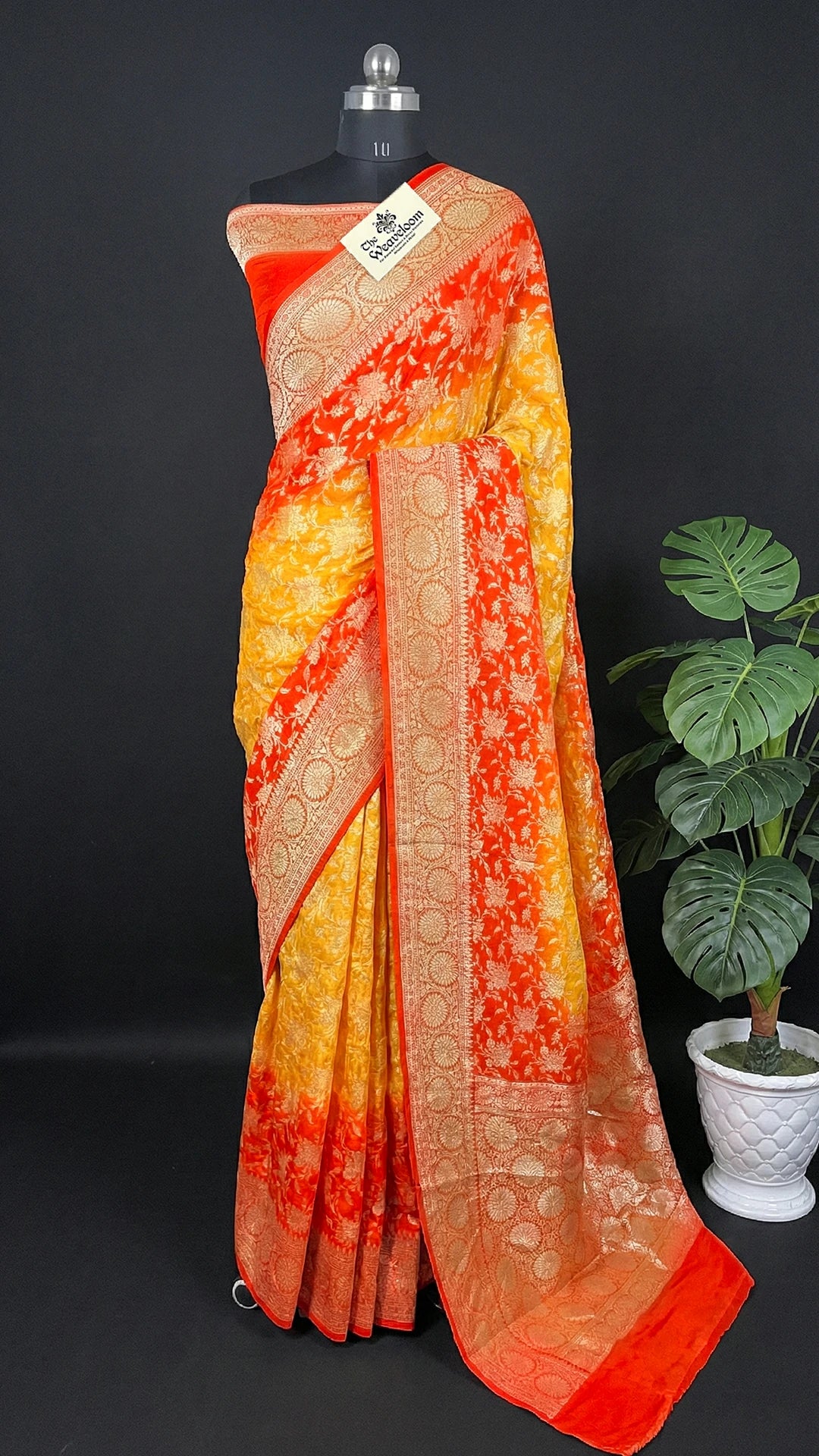 Yellow & Orange Dual Tone Crepe Georgette Pure Banarasi Saree with Floral Jaal Golden Zari by The Weaveloom