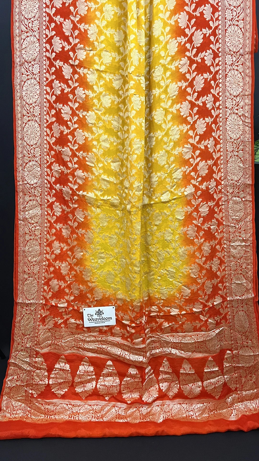 Yellow & Orange Dual Tone Pure Crepe Georgette Banarasi Saree with Golden Zari Jaal Work by The Weaveloom