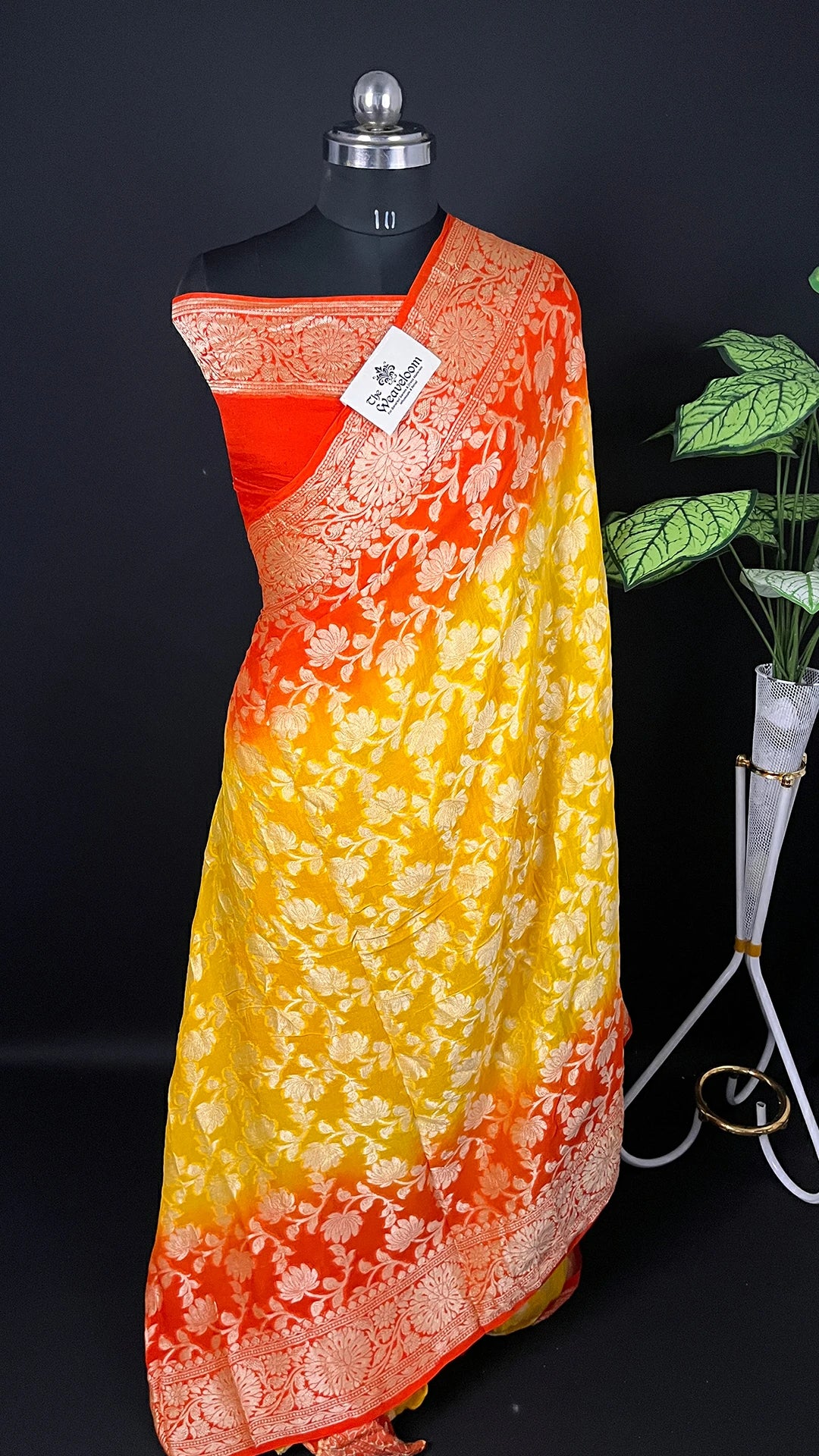 Yellow & Orange Dual Tone Pure Crepe Georgette Banarasi Saree with Golden Zari Jaal Work by The Weaveloom