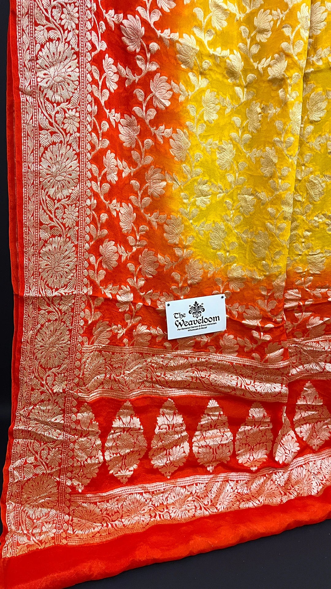 Yellow & Orange Dual Tone Pure Crepe Georgette Banarasi Saree with Golden Zari Jaal Work by The Weaveloom