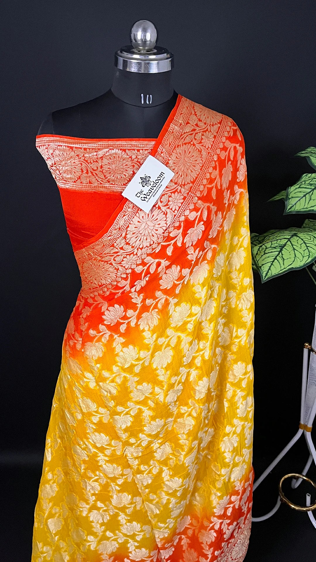 Yellow & Orange Dual Tone Pure Crepe Georgette Banarasi Saree with Golden Zari Jaal Work by The Weaveloom