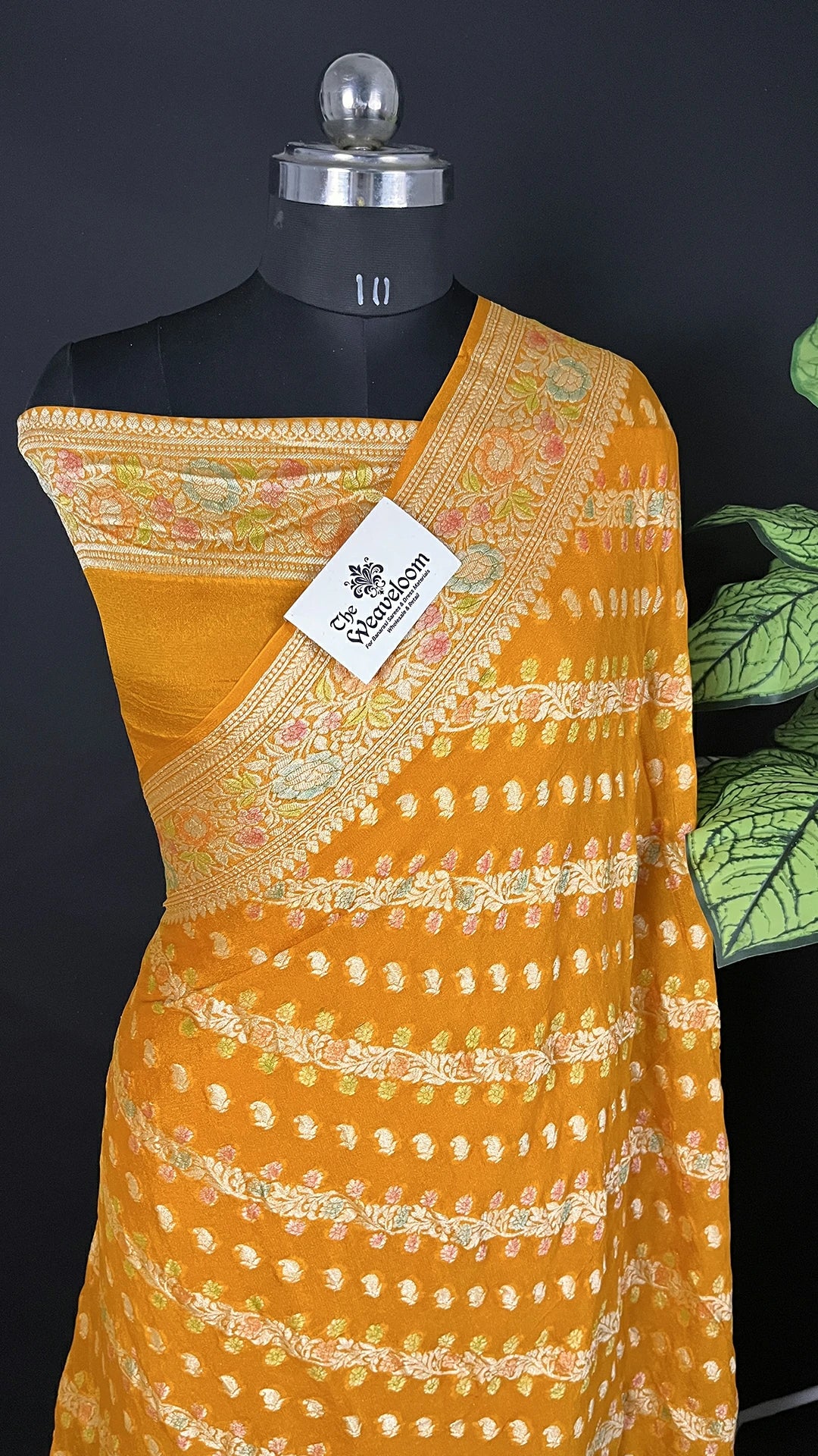 Yellow Pure Crepe Georgette Banarasi Saree with Floral Zari and Handbrush Work – The Weaveloom