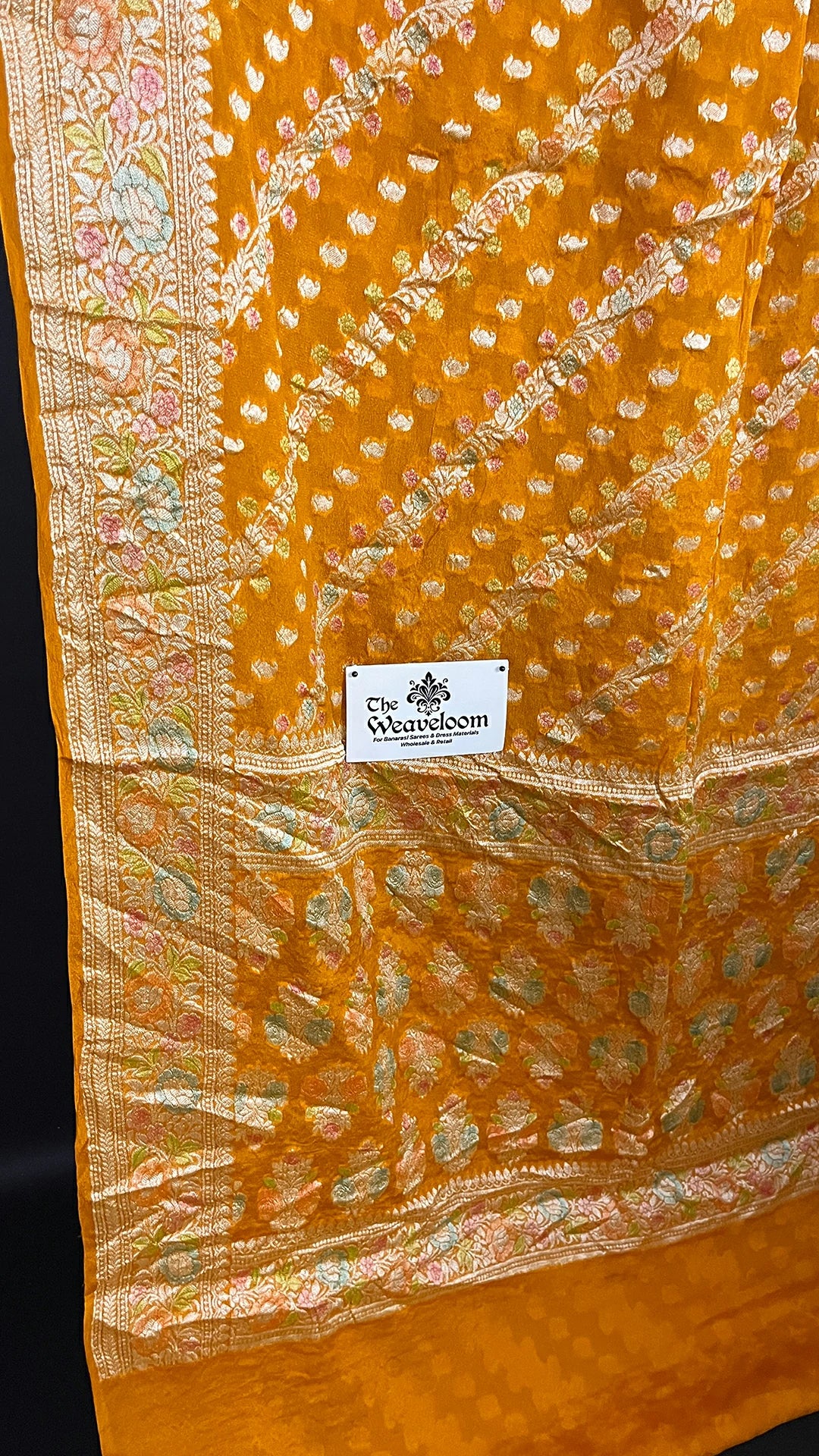 Yellow Pure Crepe Georgette Banarasi Saree with Floral Zari and Handbrush Work – The Weaveloom