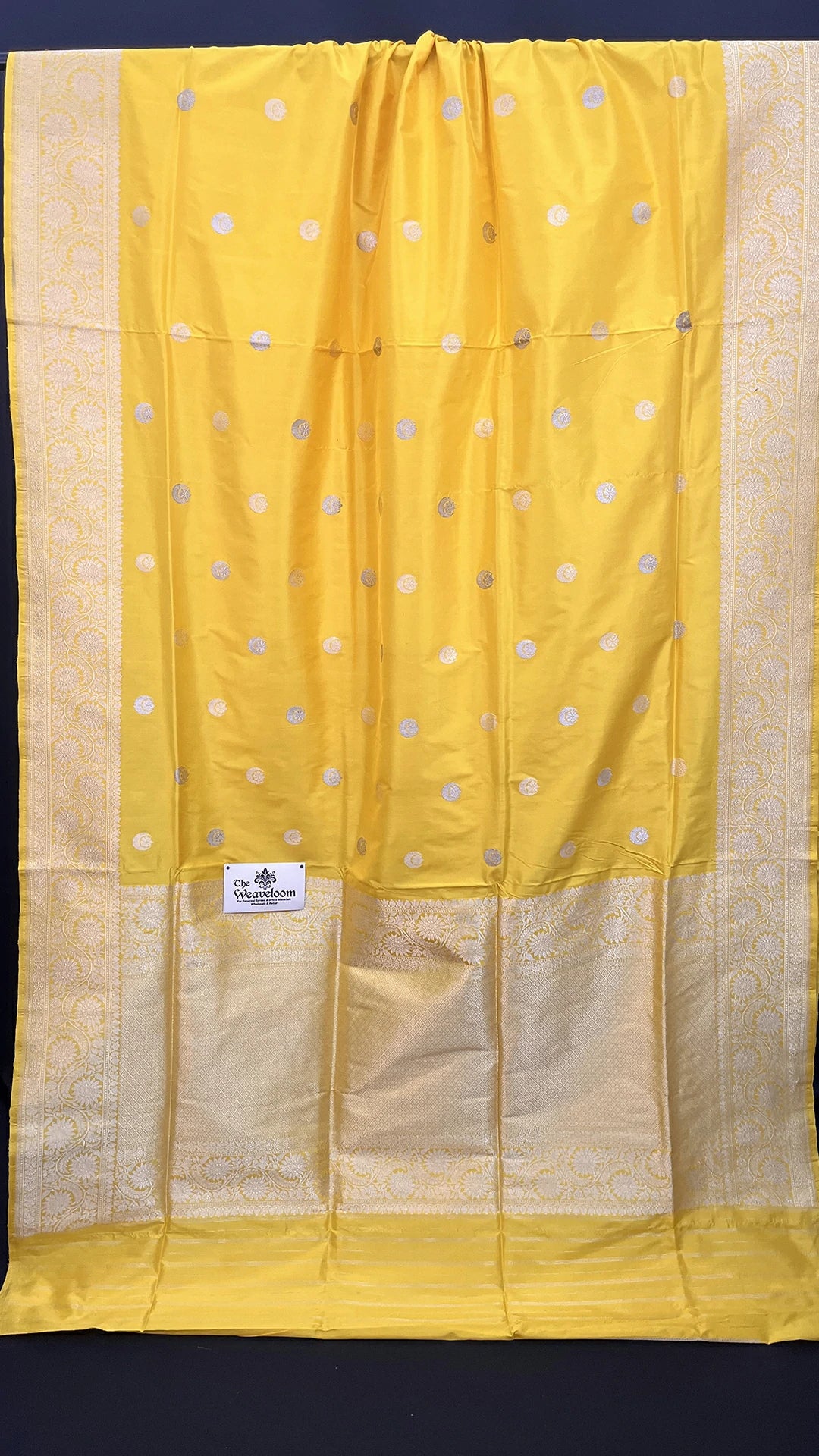 Yellow Pure Katan Silk Chand Tara Motifs Banarasi Saree with Silver Zari Border by The Weaveloom