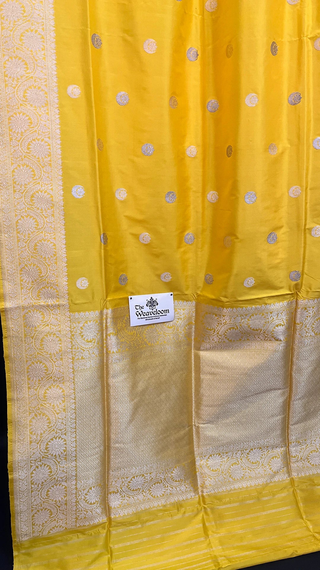 Yellow Pure Katan Silk Chand Tara Motifs Banarasi Saree with Silver Zari Border by The Weaveloom
