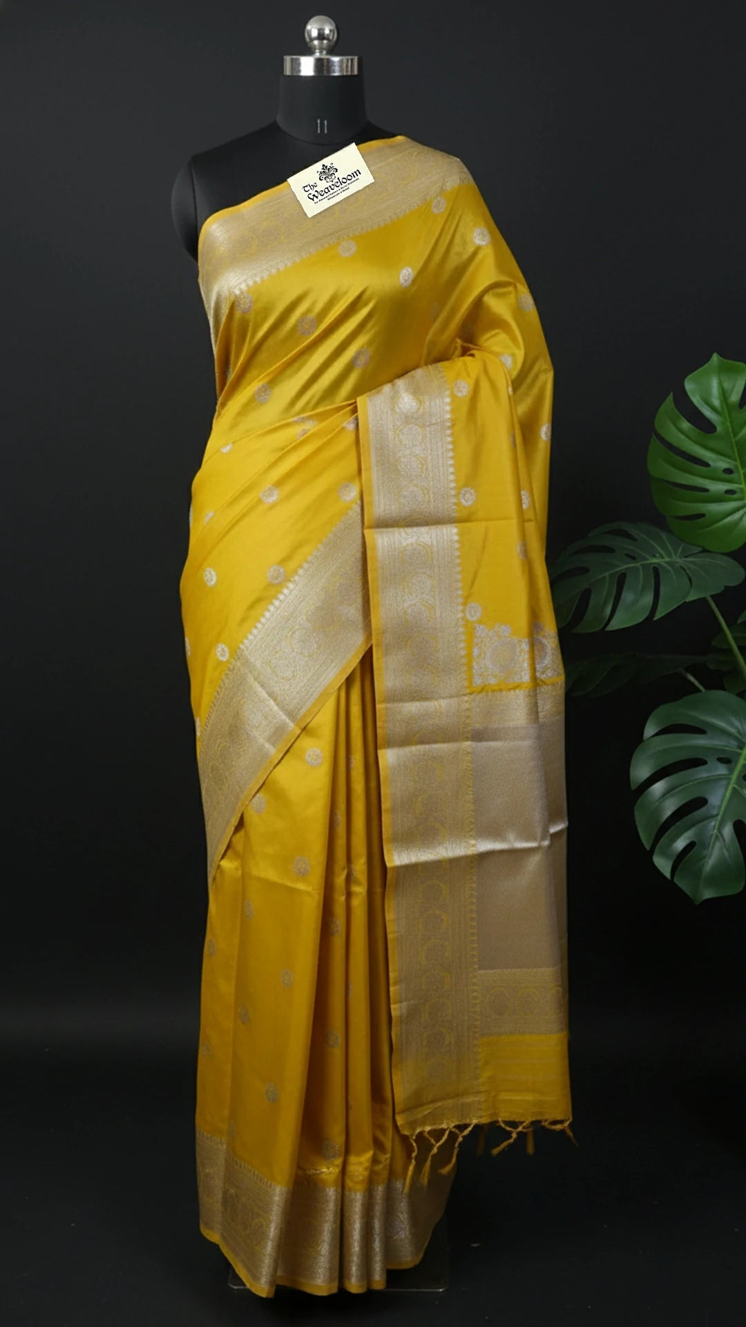 Yellow Pure Katan Silk Handloom Banarasi Saree with Chand Tara Buti and Silver Zari Border by The Weaveloom