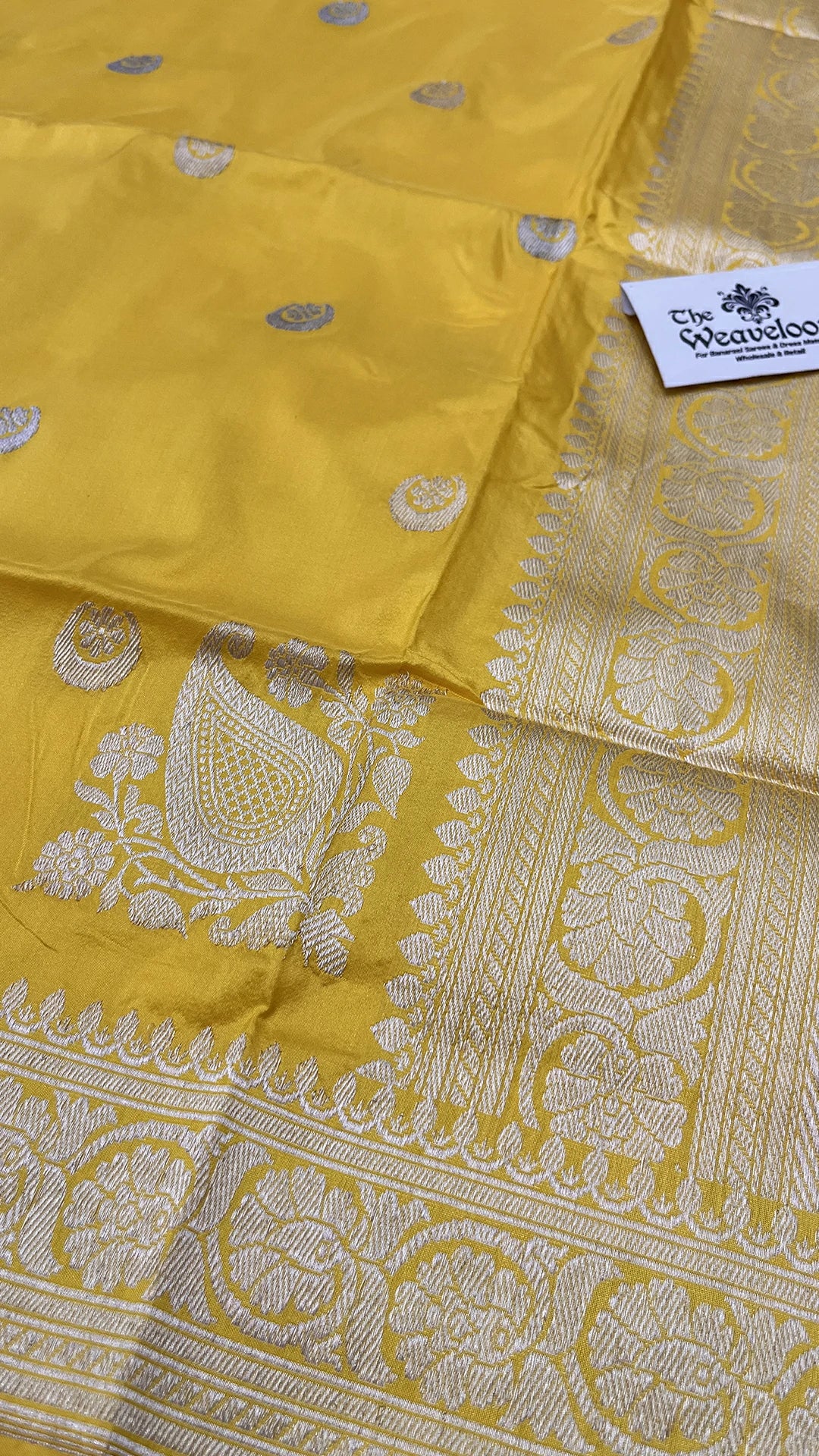 Yellow Pure Katan Silk Handloom Banarasi Saree with Chand Tara Buti and Silver Zari Border by The Weaveloom