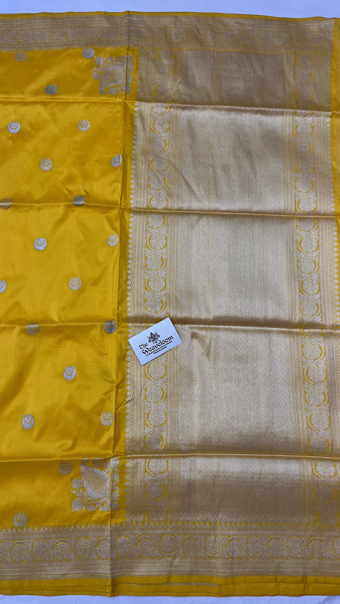 Yellow Pure Katan Silk Handloom Banarasi Saree with Chand Tara Buti and Silver Zari Border by The Weaveloom