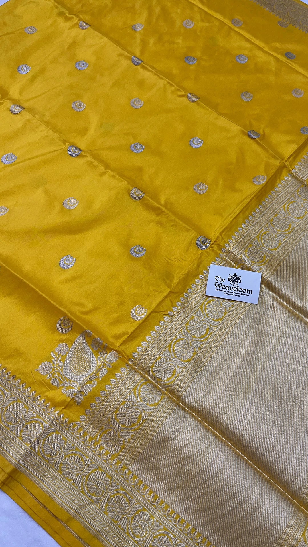 Yellow Pure Katan Silk Handloom Banarasi Saree with Chand Tara Buti and Silver Zari Border by The Weaveloom
