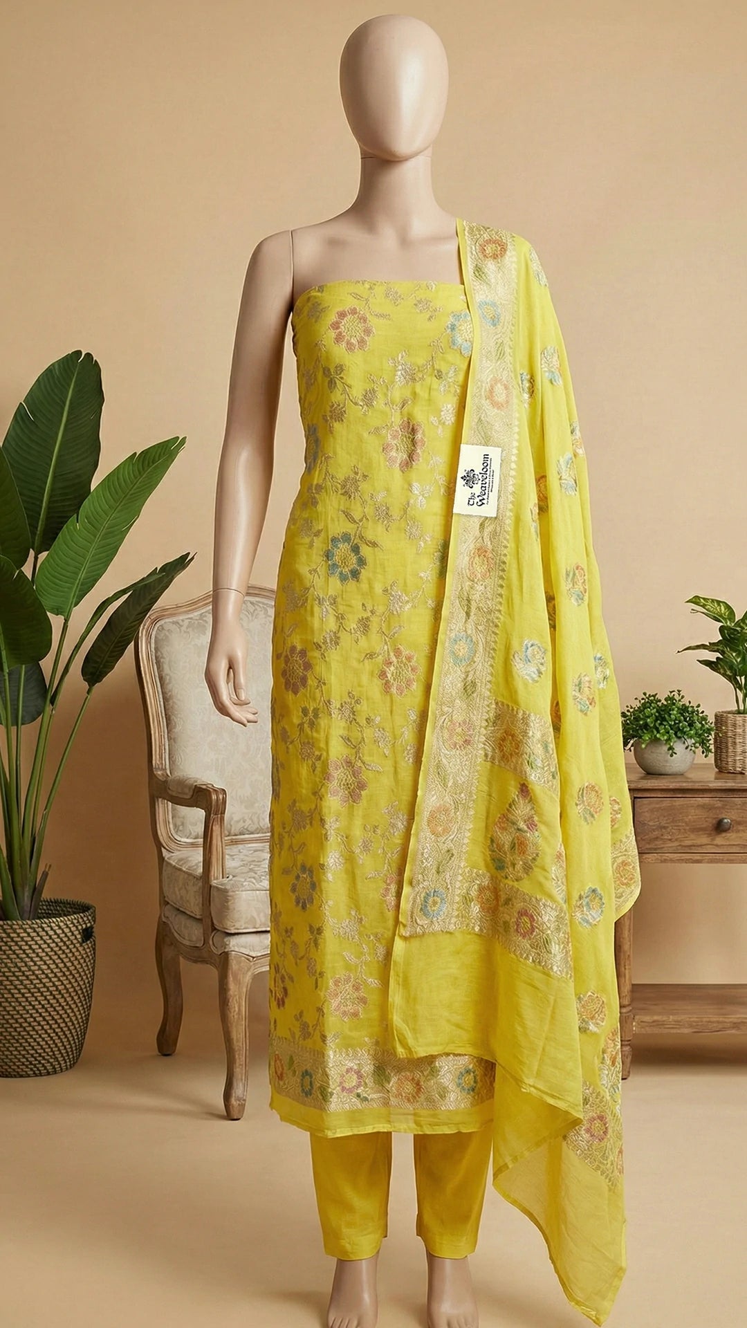 Yellow Pure Khaddi Georgette Banarasi Dress Material Floral Jaal Handbrush Work by The Weaveloom