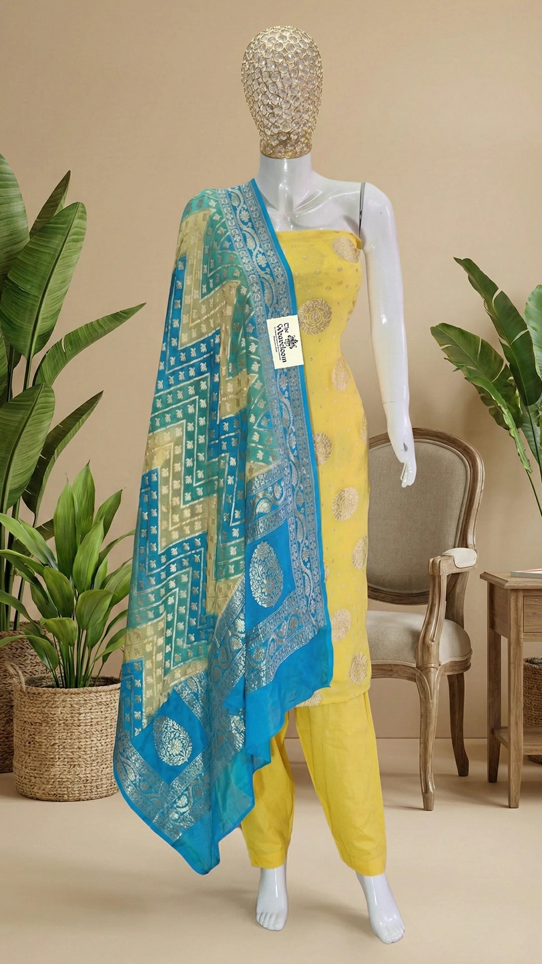 Yellow Pure Khaddi Georgette Banarasi Dress Material with Multi Color Dupatta by The Weaveloom