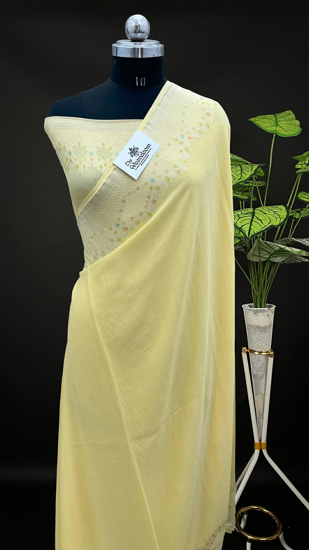Yellow Pure Khaddi Georgette Banarasi Saree Handbrush Water Zari Scalloped Floral Border - The Weaveloom