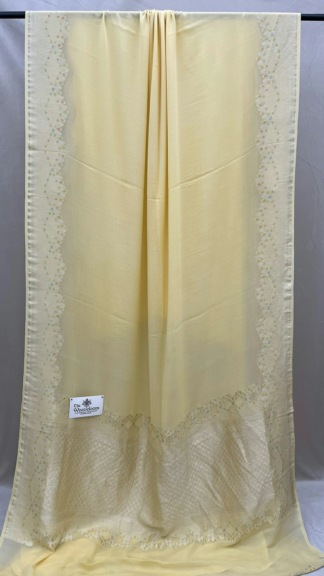 Yellow Pure Khaddi Georgette Banarasi Saree Handbrush Water Zari Scalloped Floral Border - The Weaveloom