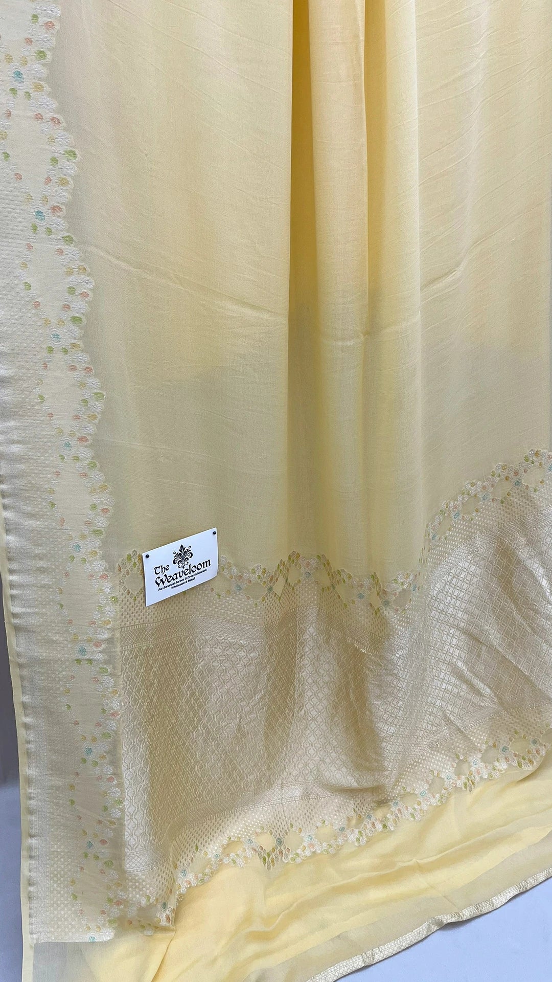 Yellow Pure Khaddi Georgette Banarasi Saree Handbrush Water Zari Scalloped Floral Border - The Weaveloom