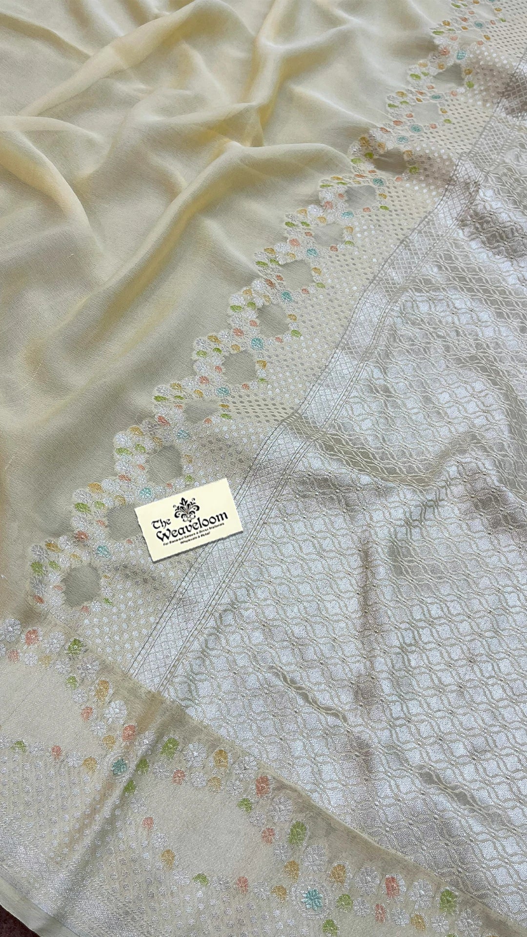 Yellow Pure Khaddi Georgette Banarasi Saree Handbrush Water Zari Scalloped Floral Border - The Weaveloom
