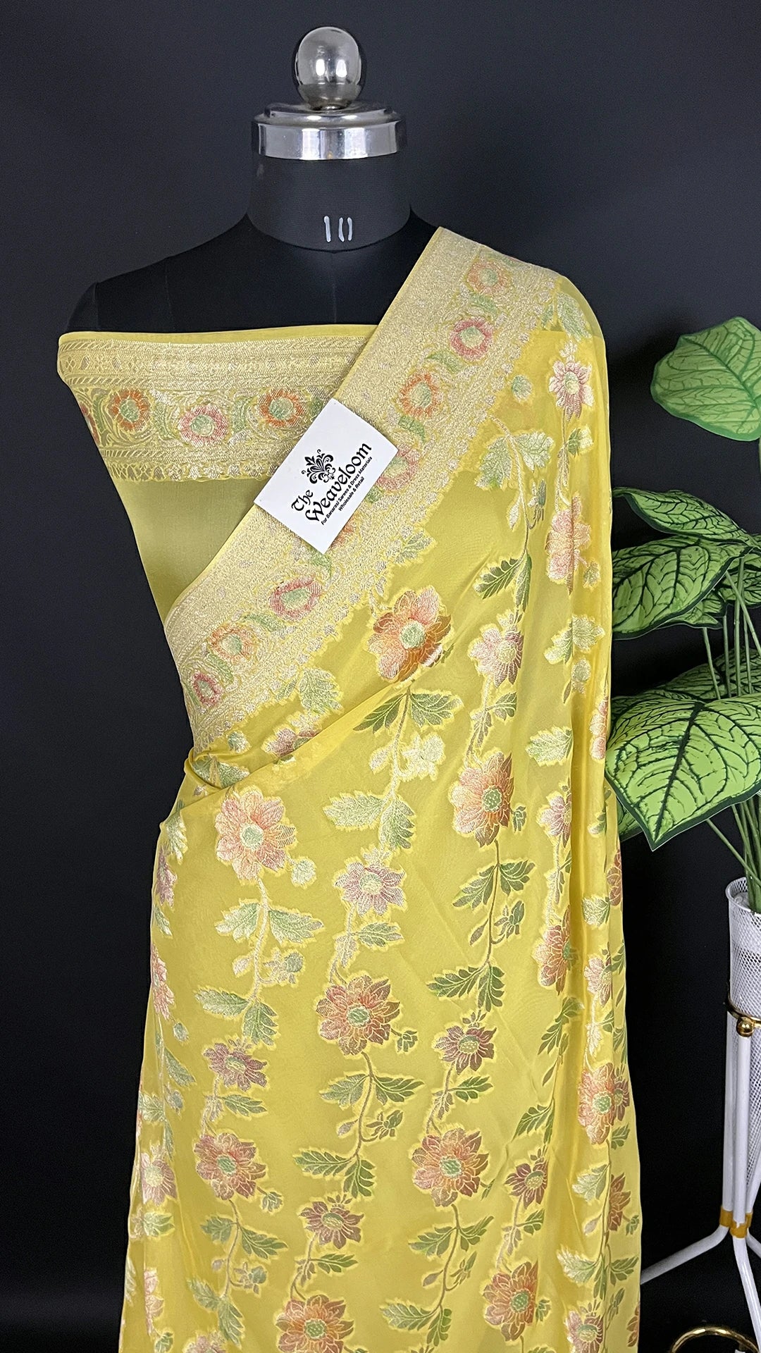 Yellow Pure Viscose Georgette Saree with Handbrush Work by The Weaveloom