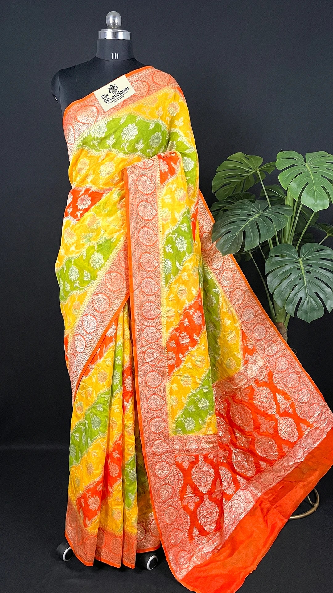 Yellow Rangkat Multicolor Pure Crepe Georgette Banarasi Saree with Golden Zari Border by The Weaveloom