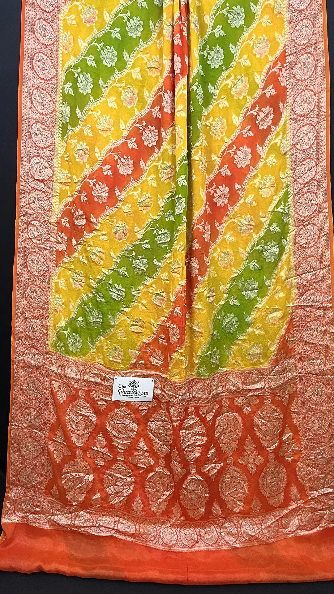 Yellow Rangkat Multicolor Pure Crepe Georgette Banarasi Saree with Golden Zari Border by The Weaveloom