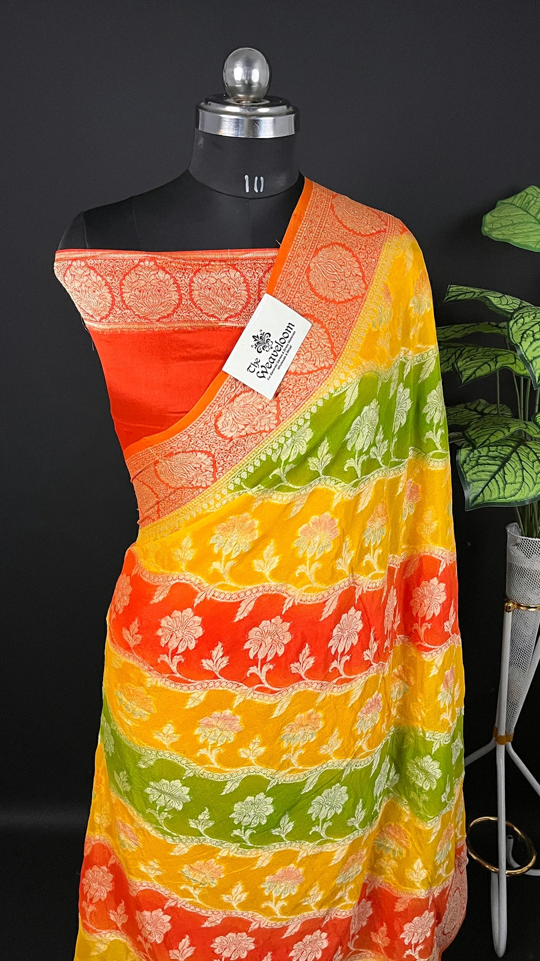 Yellow Rangkat Multicolor Pure Crepe Georgette Banarasi Saree with Golden Zari Border by The Weaveloom