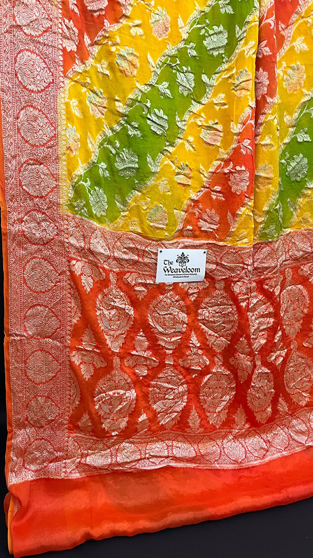 Yellow Rangkat Multicolor Pure Crepe Georgette Banarasi Saree with Golden Zari Border by The Weaveloom