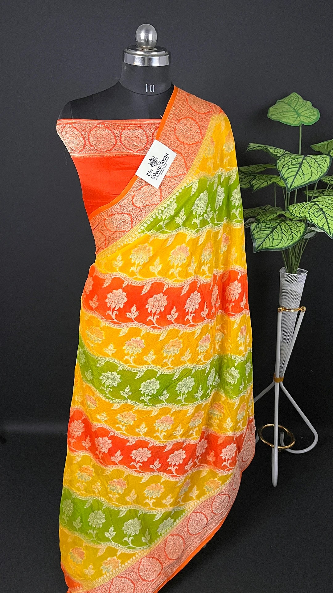 Yellow Rangkat Multicolor Pure Crepe Georgette Banarasi Saree with Golden Zari Border by The Weaveloom