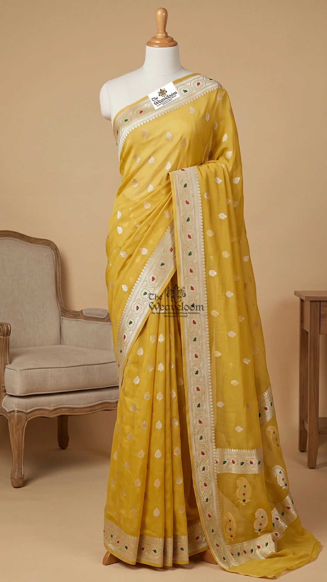 Yellow Tissue Georgette Handloom Banarasi Saree with Meenakari Kadwa Border - The Weaveloom