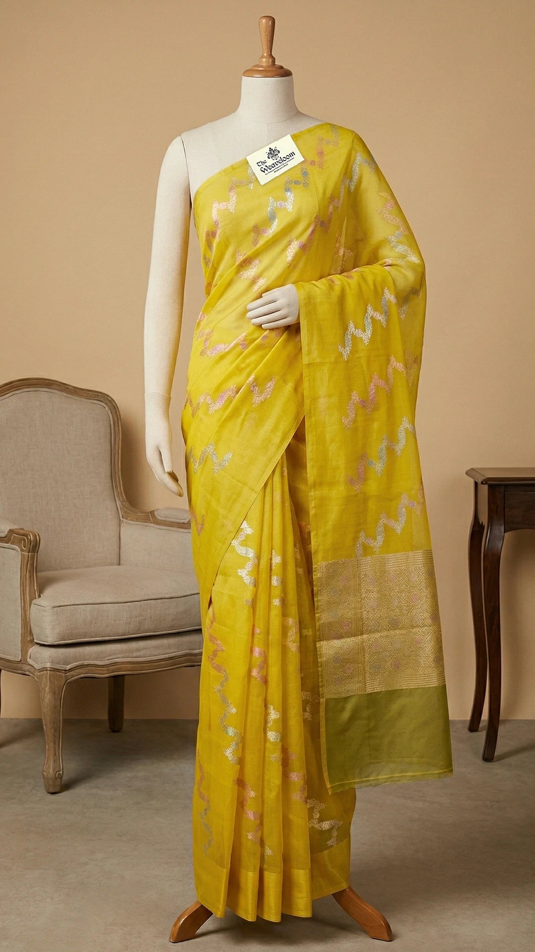 Yellow Zigzag Zari Kora Silk Pure Handloom Banarasi Saree The Weaveloom